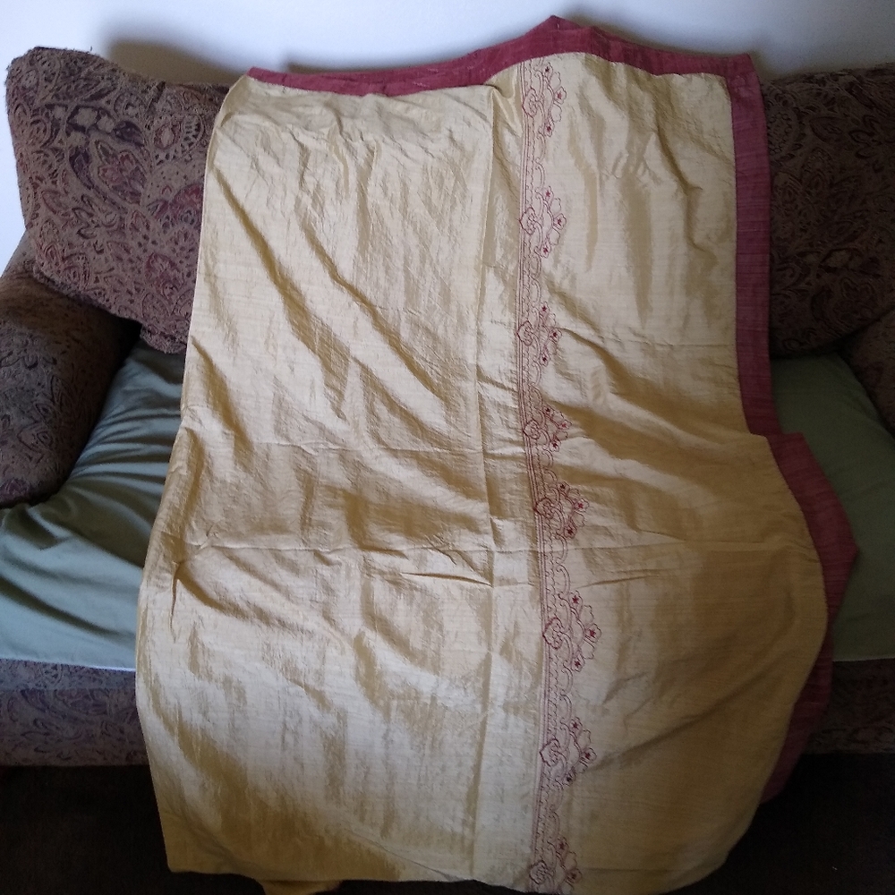 Gold shower curtain with burgundy accents and trim